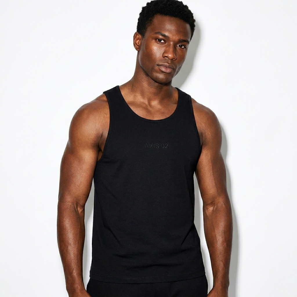 Unisex Loose Tank Top worn by a athletic muscular Afro-Caribbean male fashion influencer, sporty athleisure styling, studio lookbook — custom unisex loose tank top