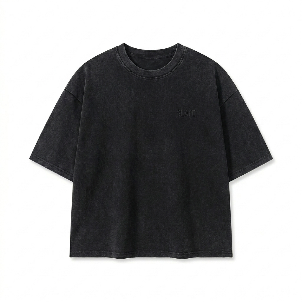 Custom Unisex Mineral Wash Boxy T-Shirt design direction 1: Tonal Minimalist Wordmark featuring the SLATE wordmark