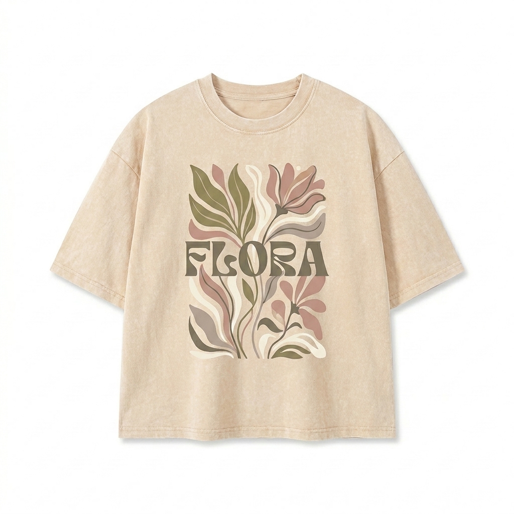 Custom Unisex Mineral Wash Boxy T-Shirt design direction 2: Botanical Illustration Graphic featuring the FLORA wordmark