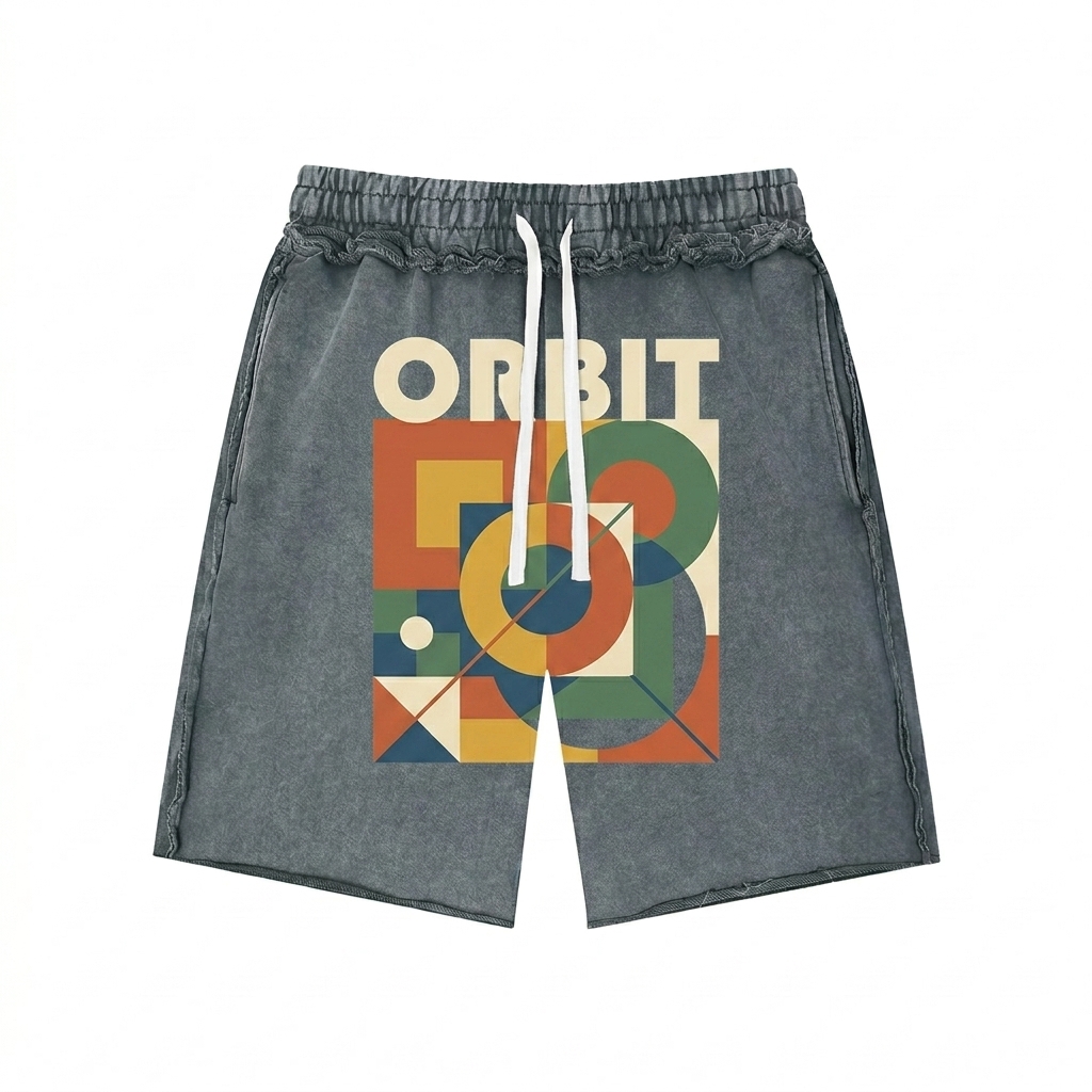 Custom Unisex Mineral Wash Raw Edge Shorts design direction 2: Abstract Geometric Graphic featuring the ORBIT wordmark