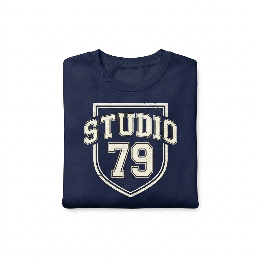 Custom Unisex Organic Crewneck Sweatshirt design direction 3: Retro Collegiate Emblem featuring the STUDIO 79 wordmark