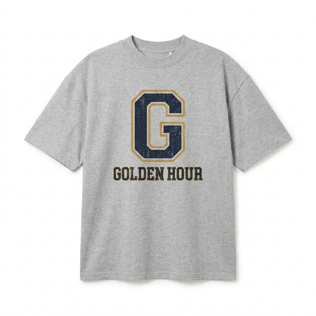 Custom Unisex Organic Oversized High-Neck T-Shirt design direction 2: Retro Collegiate Graphic featuring the GOLDEN HOUR wordmark