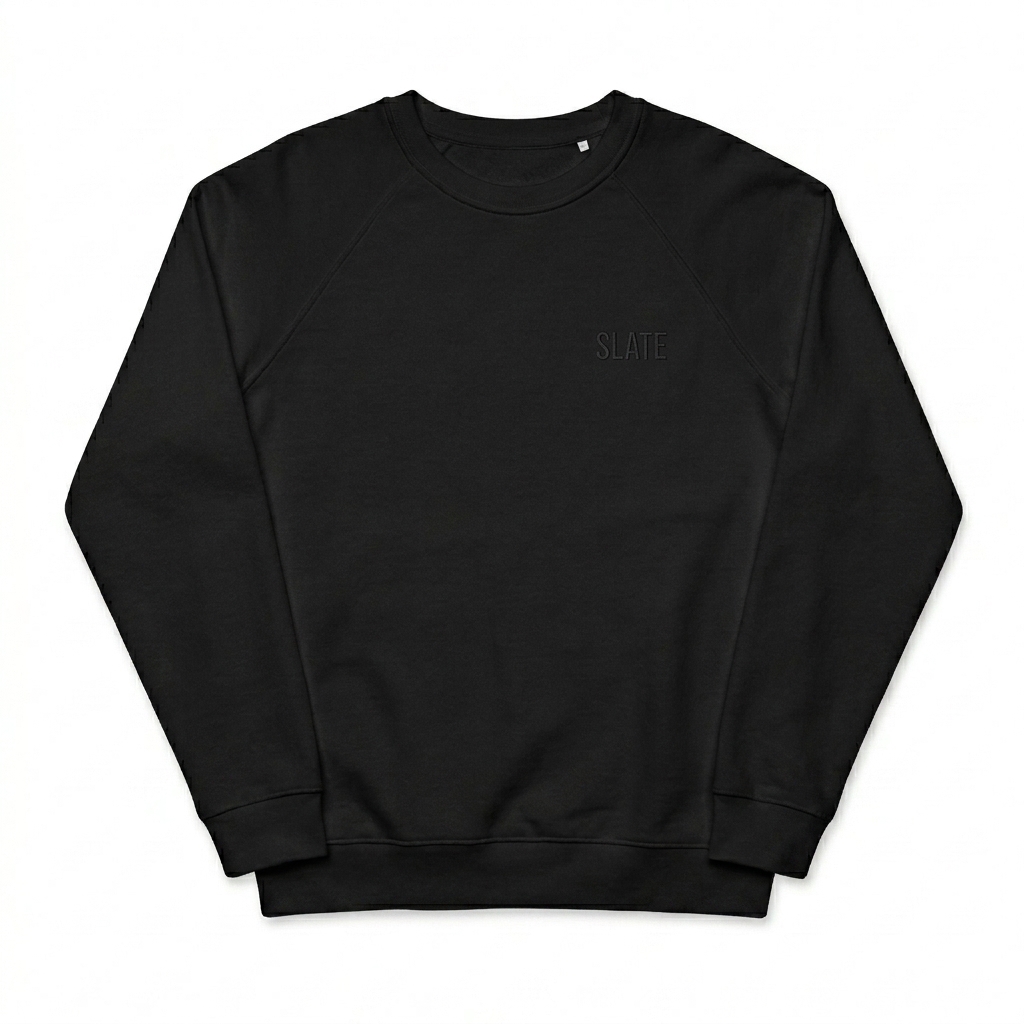 Custom Unisex Organic Raglan Sweatshirt design direction 1: Tonal Minimalist Wordmark featuring the SLATE wordmark