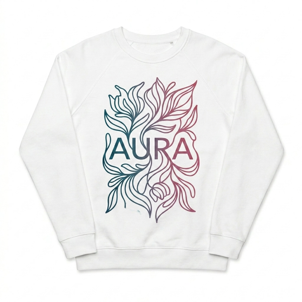 Custom Unisex Organic Raglan Sweatshirt design direction 2: Bold Abstract Graphic featuring the AURA wordmark