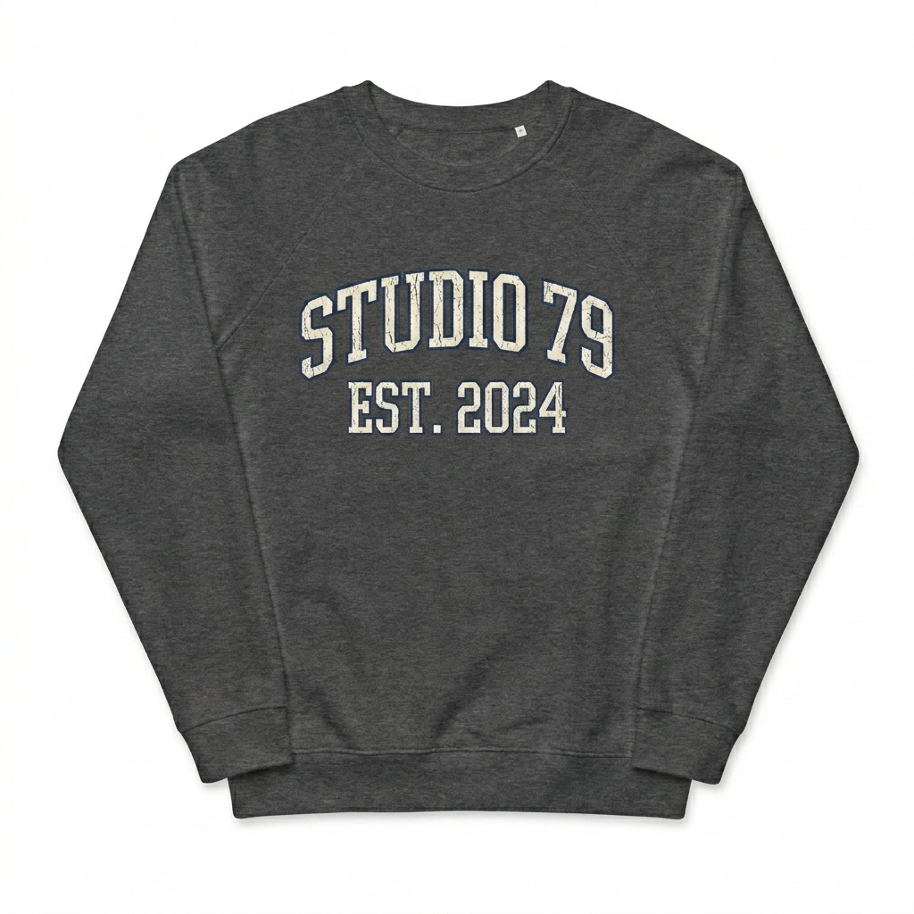 Custom Unisex Organic Raglan Sweatshirt design direction 3: Retro Collegiate Emblem featuring the STUDIO 79 wordmark