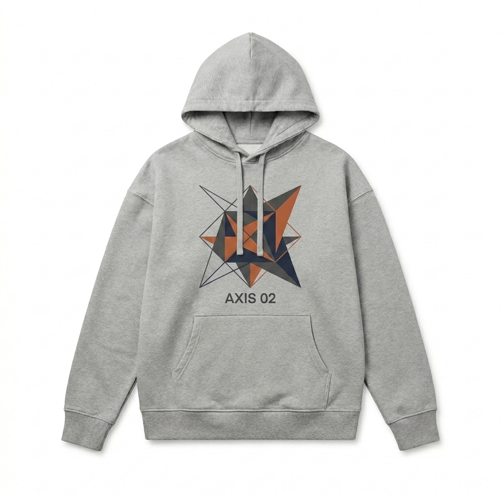 Custom Unisex Organic Relaxed Hoodie design direction 2: Abstract Geometric Graphic featuring the AXIS 02 wordmark