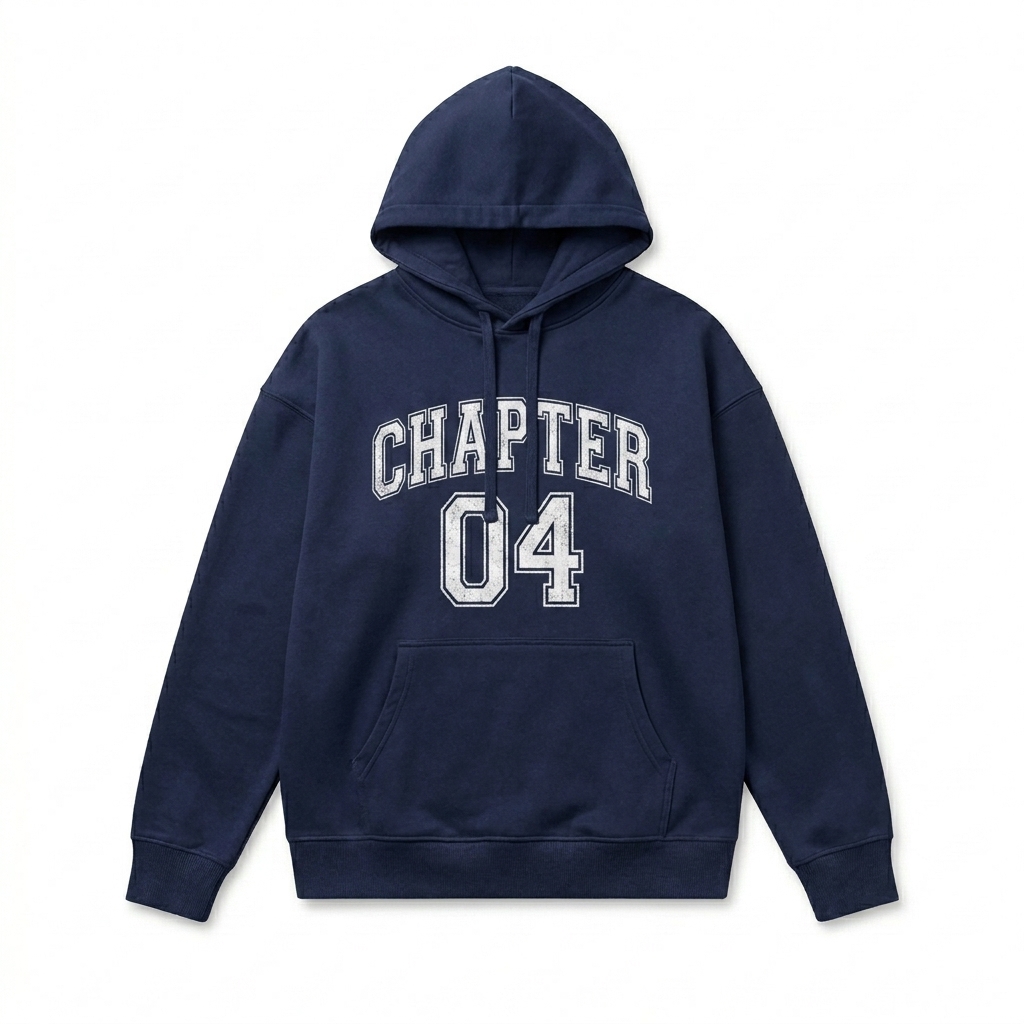 Custom Unisex Organic Relaxed Hoodie design direction 3: Retro Collegiate Emblem featuring the CHAPTER 04 wordmark
