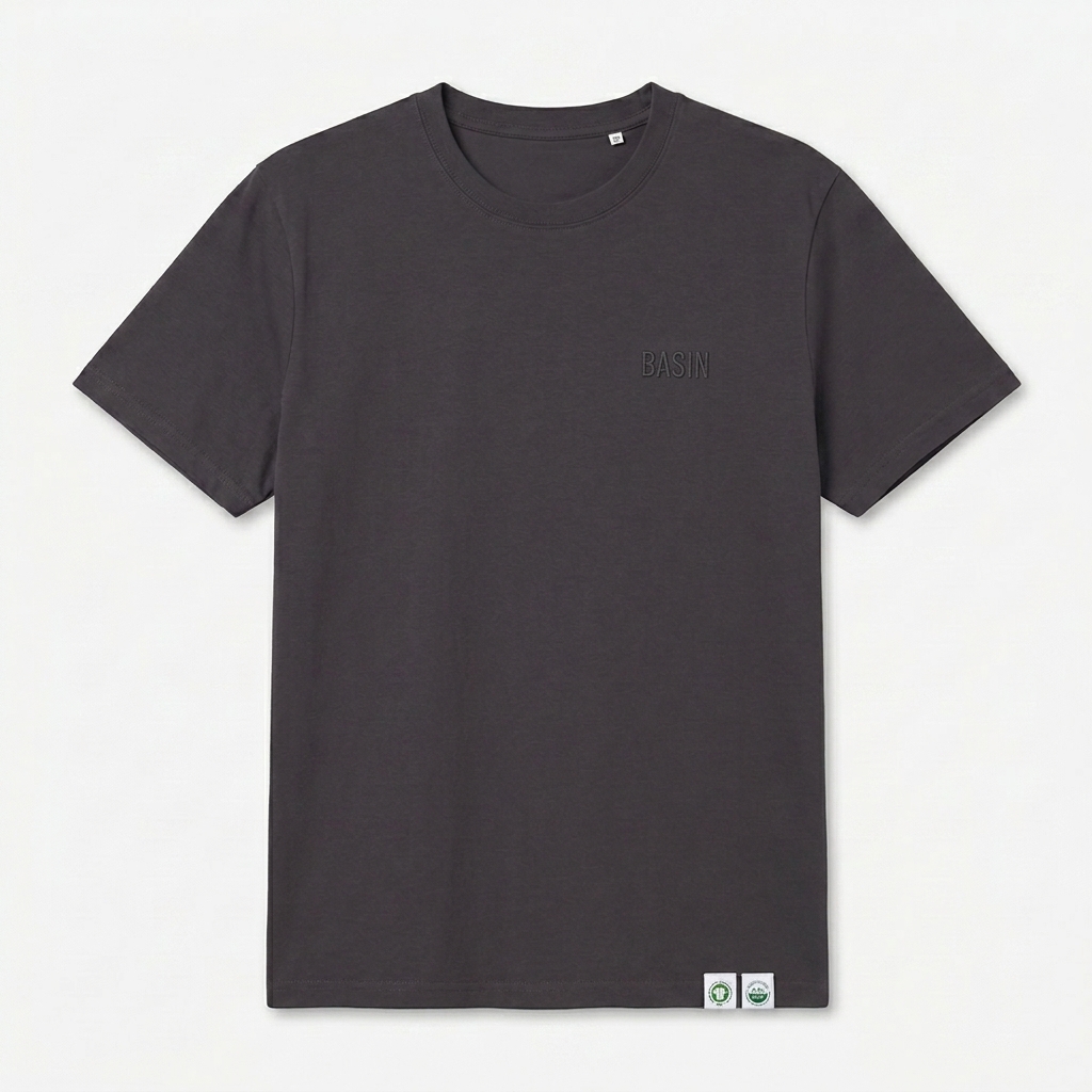 Custom Unisex Organic Ribbed Neck T-Shirt design direction 1: Minimalist Tonal Wordmark featuring the BASIN wordmark