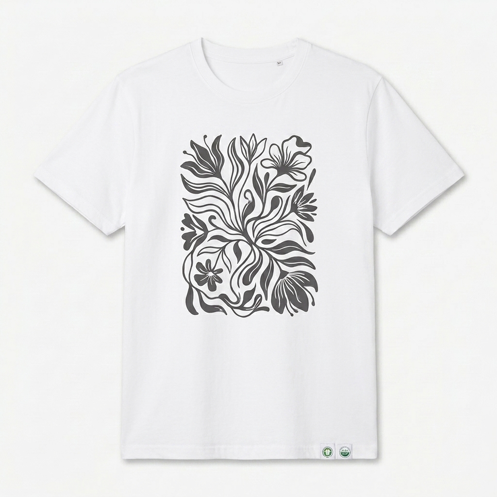Custom Unisex Organic Ribbed Neck T-Shirt design direction 2: Abstract Botanical Graphic featuring the AURA wordmark