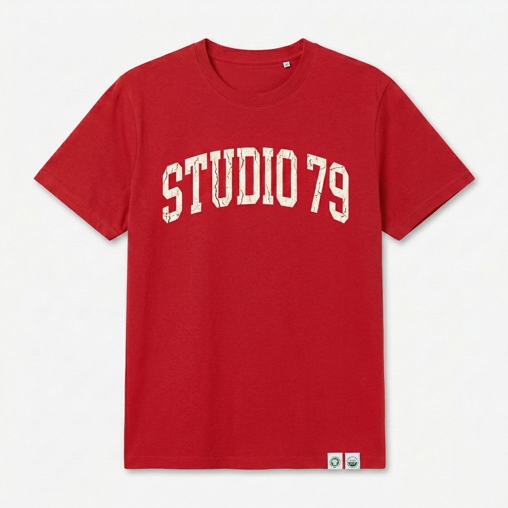 Custom Unisex Organic Ribbed Neck T-Shirt design direction 3: Varsity Lettering featuring the STUDIO 79 wordmark