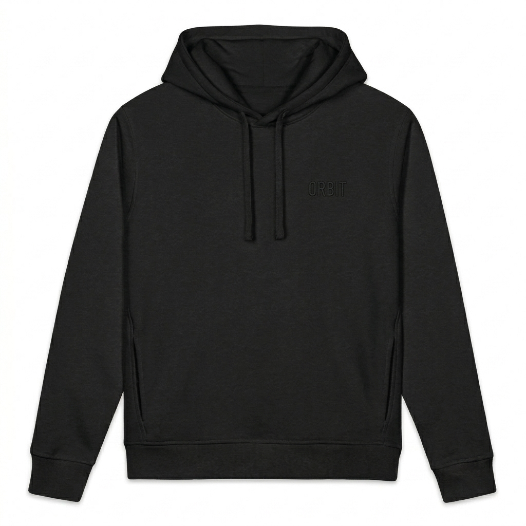 Custom Unisex Organic Side Pocket Hoodie design direction 1: Tonal Minimalist Wordmark featuring the ORBIT wordmark