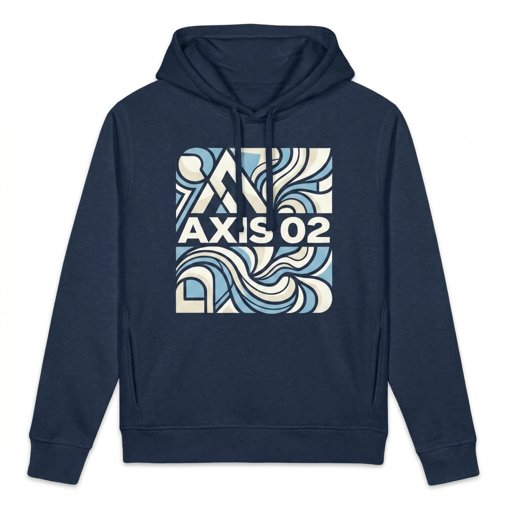 Custom Unisex Organic Side Pocket Hoodie design direction 2: Bold Abstract Graphic featuring the AXIS 02 wordmark