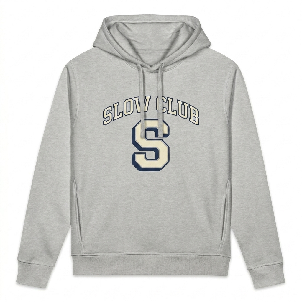 Custom Unisex Organic Side Pocket Hoodie design direction 3: Retro Collegiate Emblem featuring the SLOW CLUB wordmark
