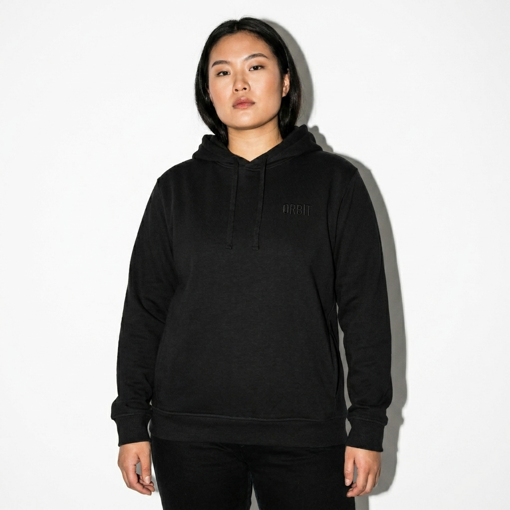 Unisex Organic Side Pocket Hoodie worn by a broad-shouldered Chinese female fashion influencer, clean-girl minimal styling, studio lookbook — custom unisex organic side pocket hoodie