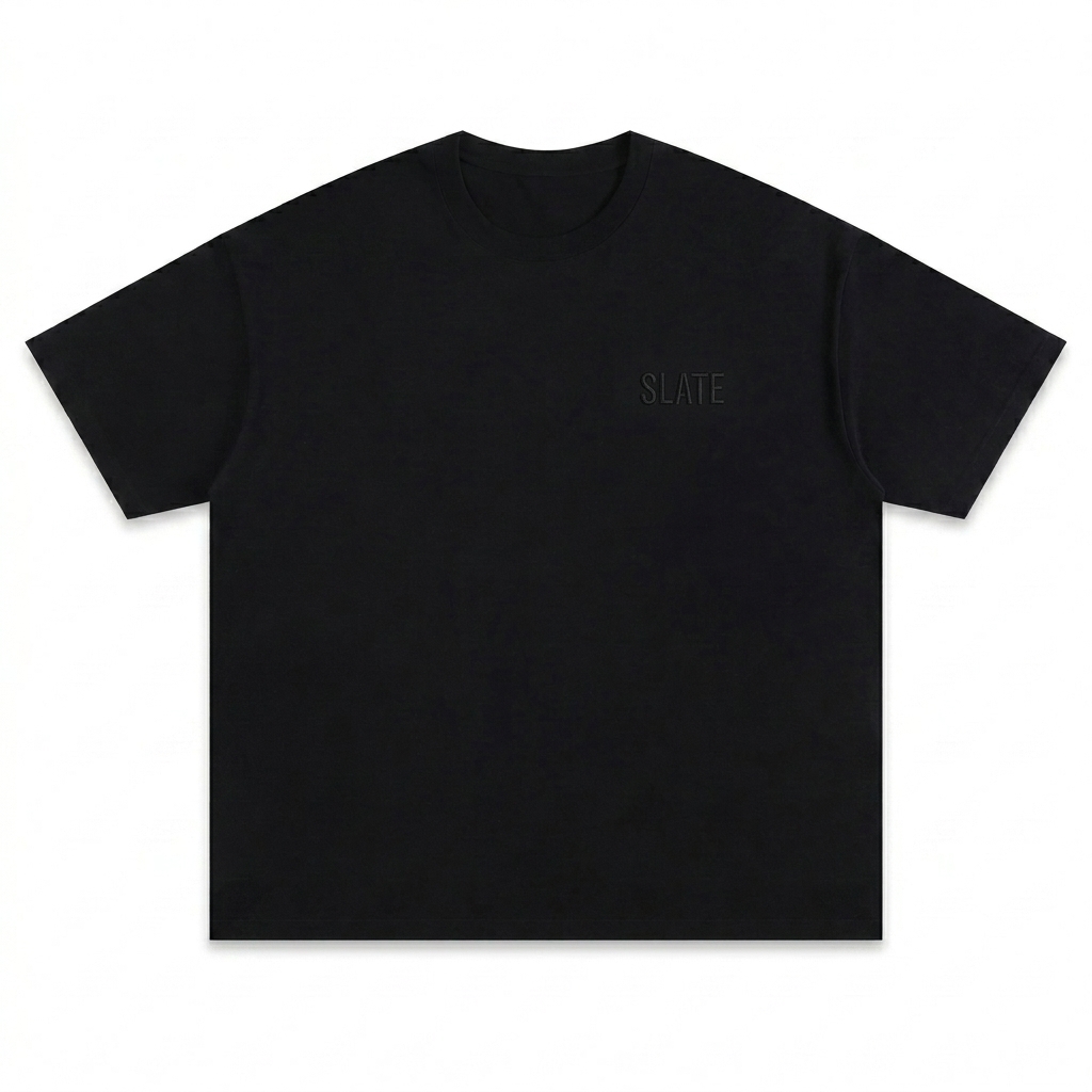 Custom Unisex Oversized Cotton T-Shirt design direction 1: Tonal Minimalist Wordmark featuring the SLATE wordmark