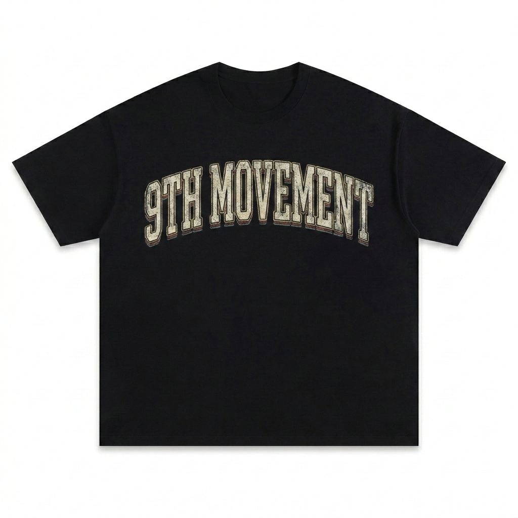 Custom Unisex Oversized Cotton T-Shirt design direction 3: Retro Collegiate Typography featuring the 9TH MOVEMENT wordmark