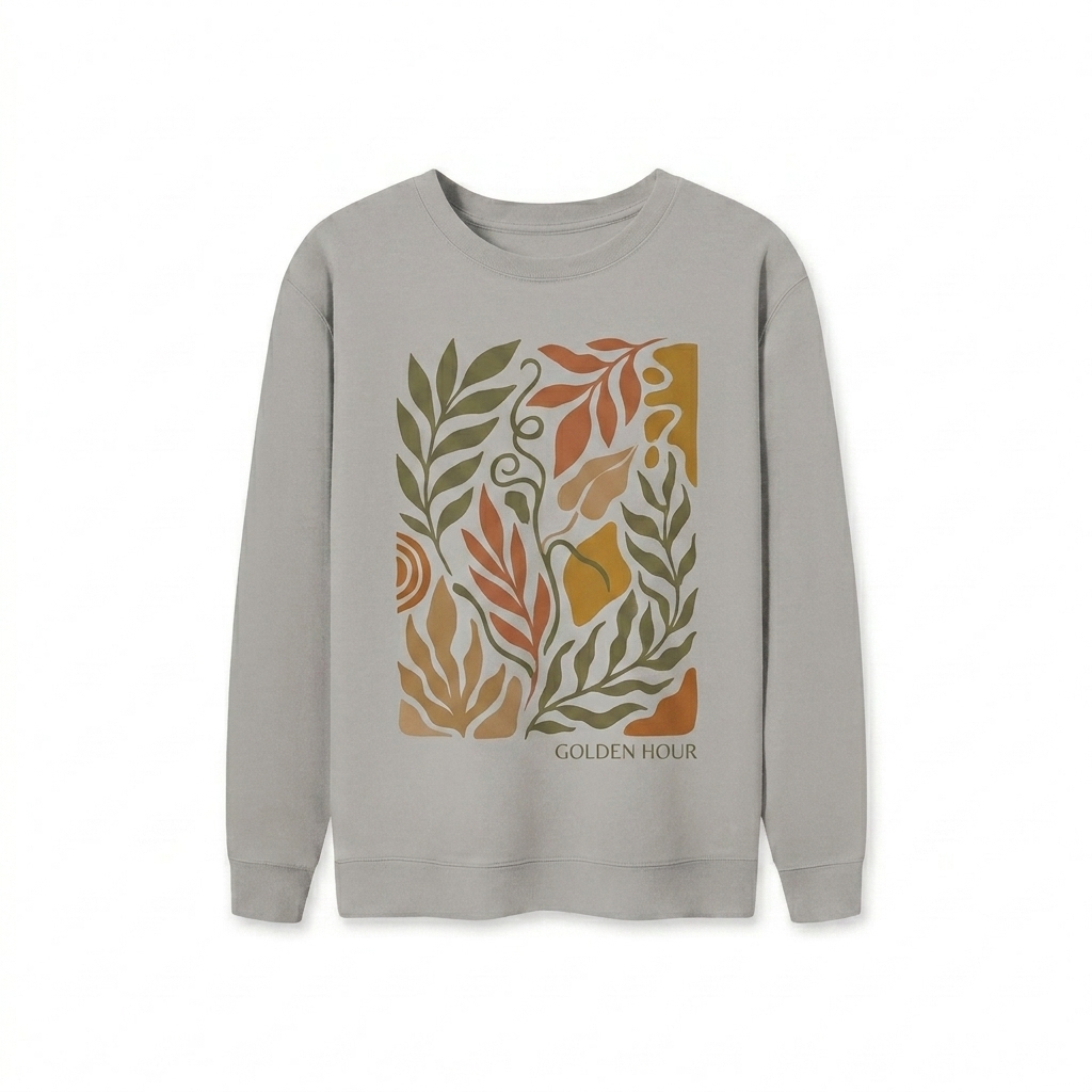 Custom Unisex Oversized Crewneck Sweatshirt design direction 2: Bold Botanical Graphic featuring the GOLDEN HOUR wordmark