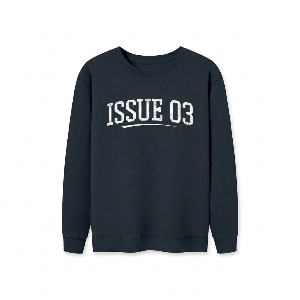 Custom Unisex Oversized Crewneck Sweatshirt design direction 3: Retro Collegiate Wordmark featuring the ISSUE 03 wordmark