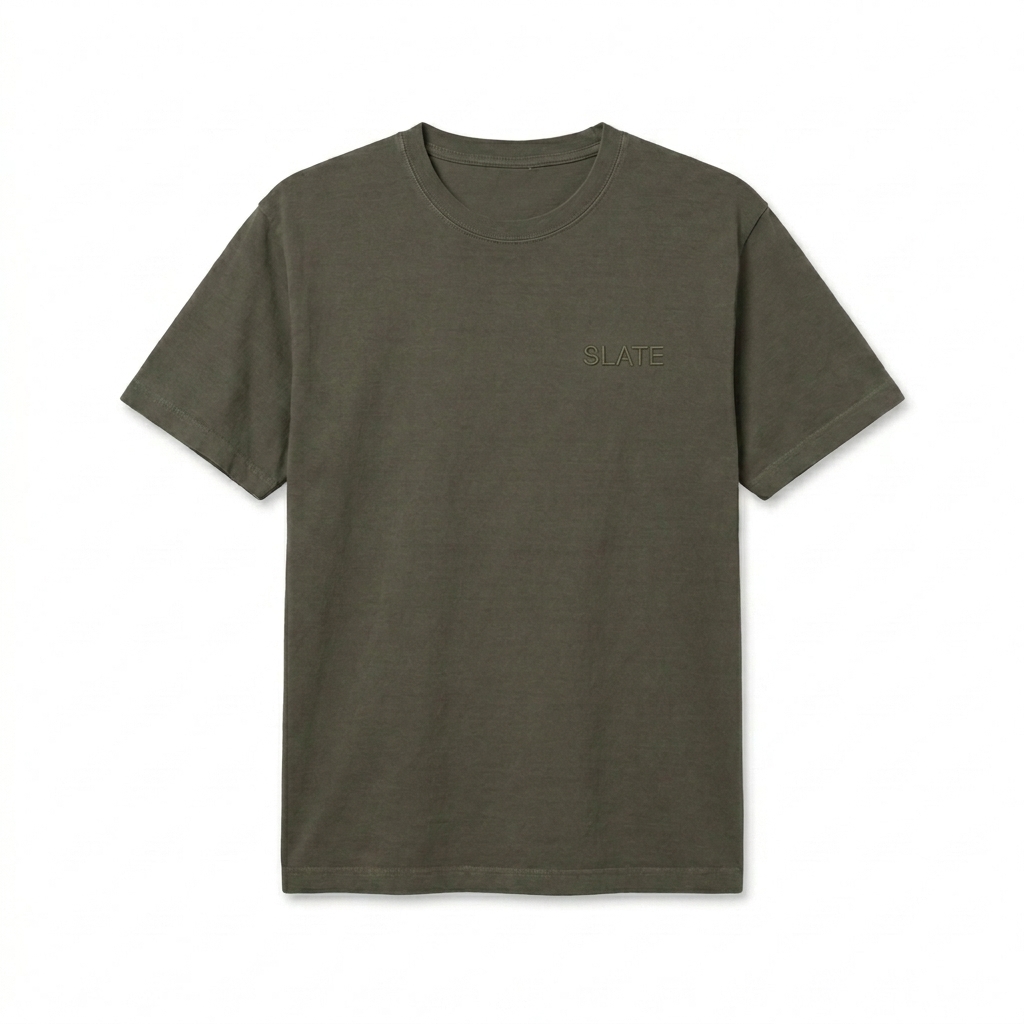 Custom Unisex Oversized Garment-Dyed T-Shirt design direction 1: Tonal Minimalist Wordmark featuring the SLATE wordmark