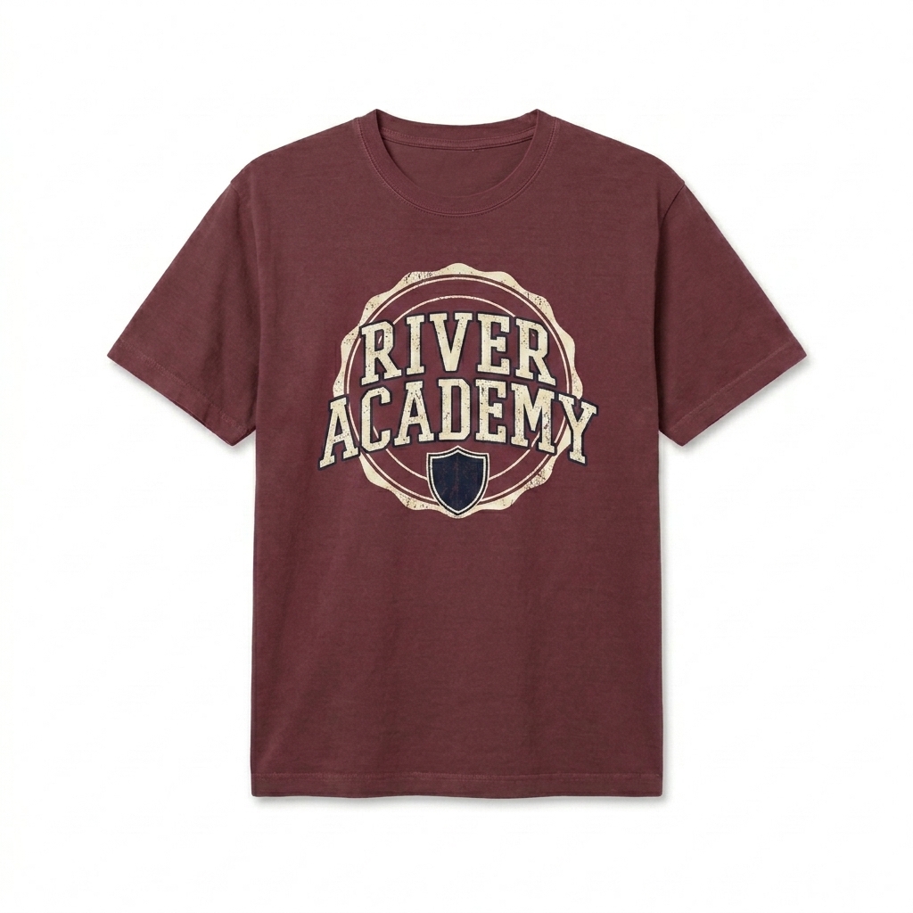 Custom Unisex Oversized Garment-Dyed T-Shirt design direction 3: Retro Collegiate Emblem featuring the RIVER ACADEMY wordmark