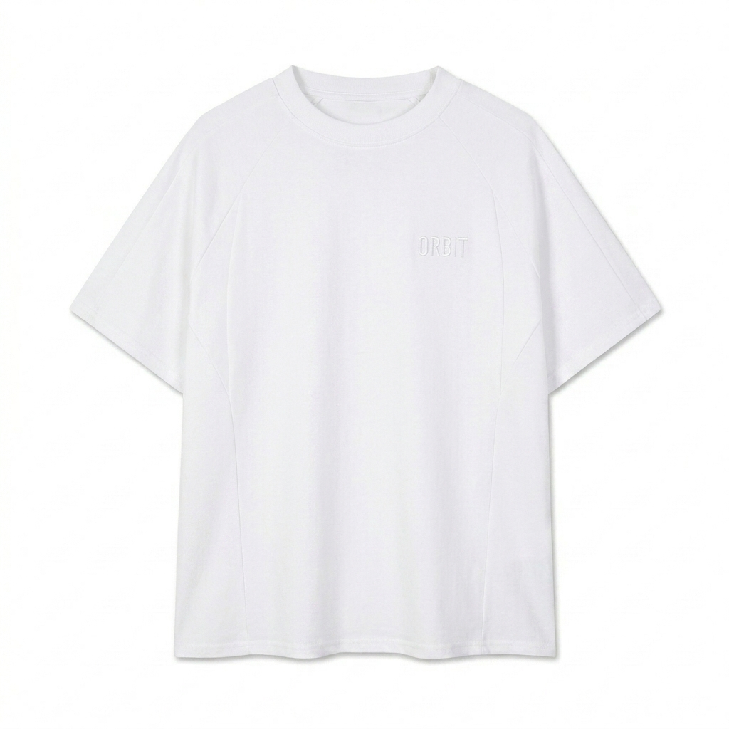 Custom Unisex Oversized Paneled Raglan T-Shirt design direction 1: Tonal Minimalist Wordmark featuring the ORBIT wordmark