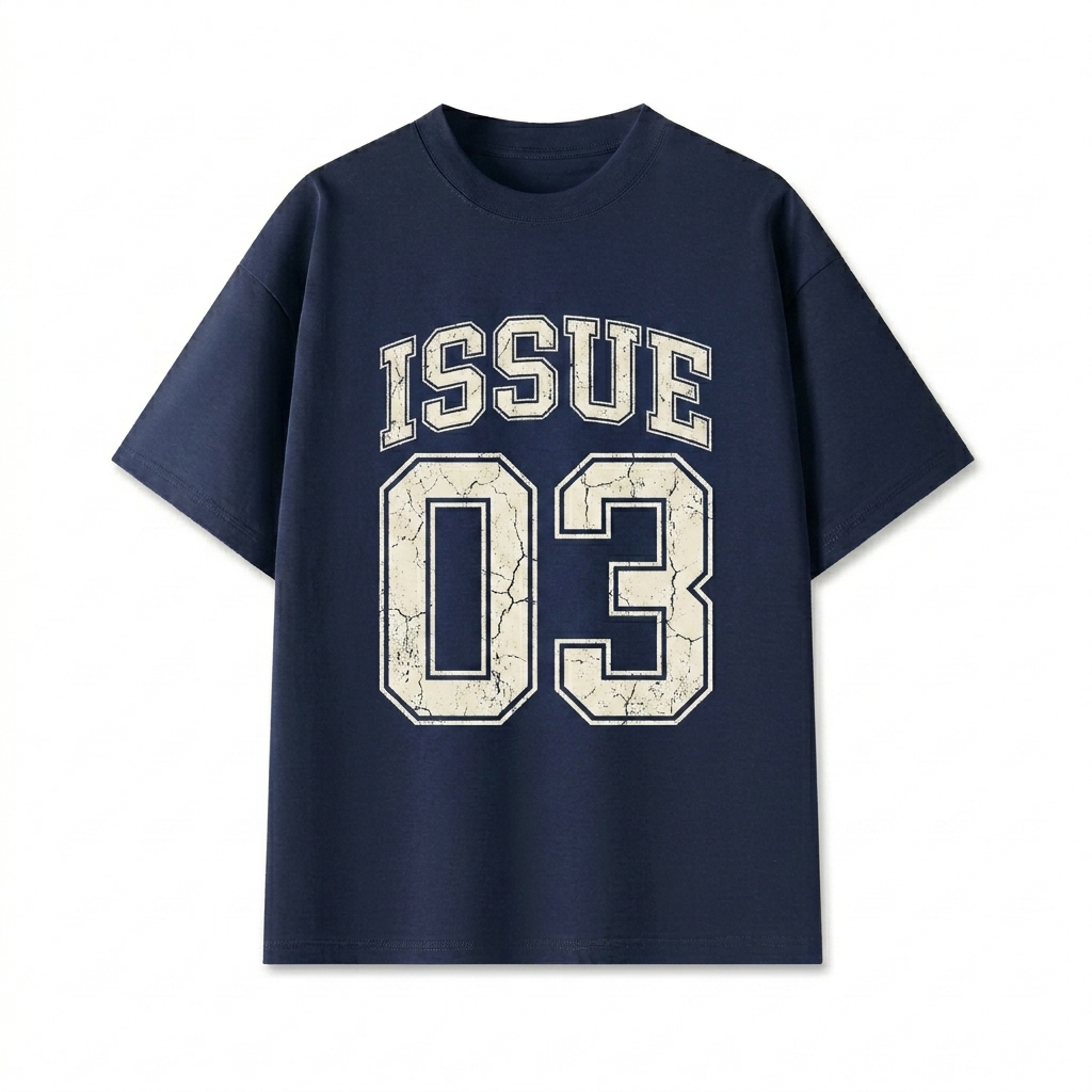 Custom Unisex Oversized T-Shirt design direction 3: Retro Collegiate Emblem featuring the ISSUE 03 wordmark