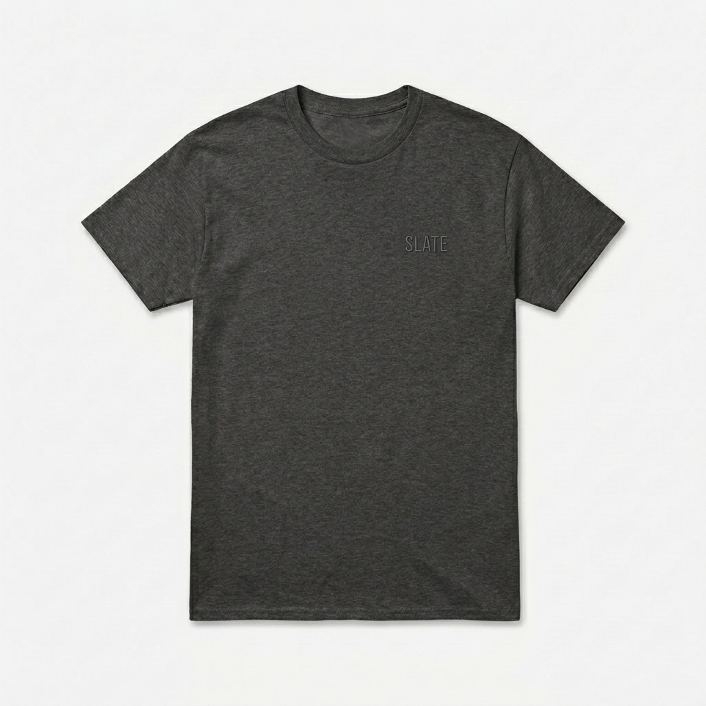 Custom Unisex Performance T-Shirt design direction 1: Tonal Minimalist Wordmark featuring the SLATE wordmark