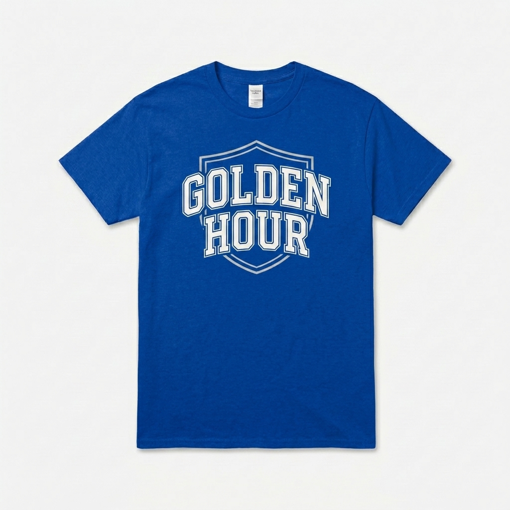 Custom Unisex Performance T-Shirt design direction 3: Retro Collegiate Emblem featuring the GOLDEN HOUR wordmark