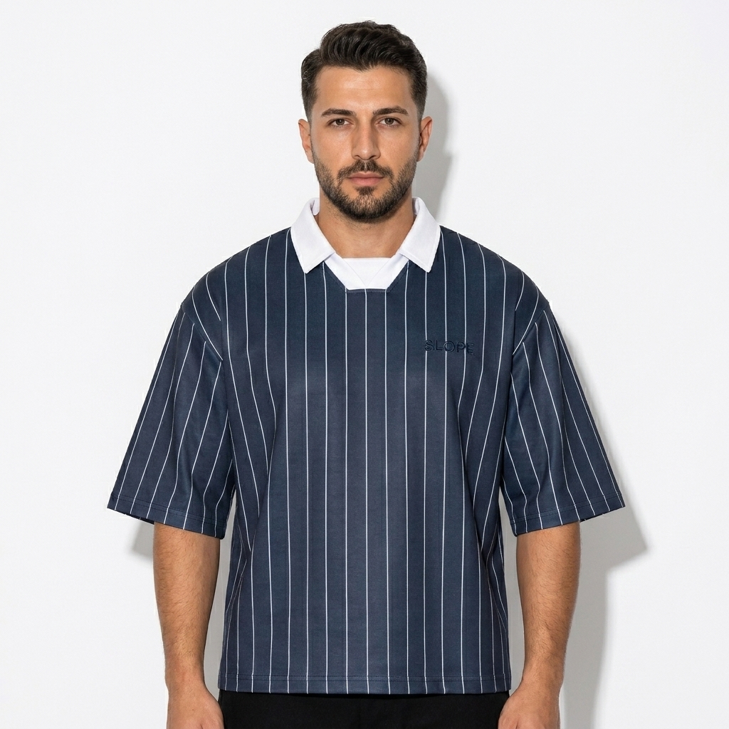 Unisex Pinstripe Soccer Jersey worn by a mid-size Turkish male fashion influencer, editorial avant-garde styling, studio lookbook — custom unisex pinstripe soccer jersey