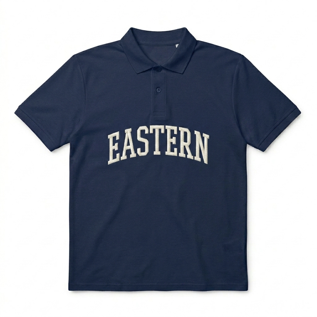 Custom Unisex Pique Polo Shirt design direction 2: Retro Collegiate Emblem featuring the EASTERN wordmark