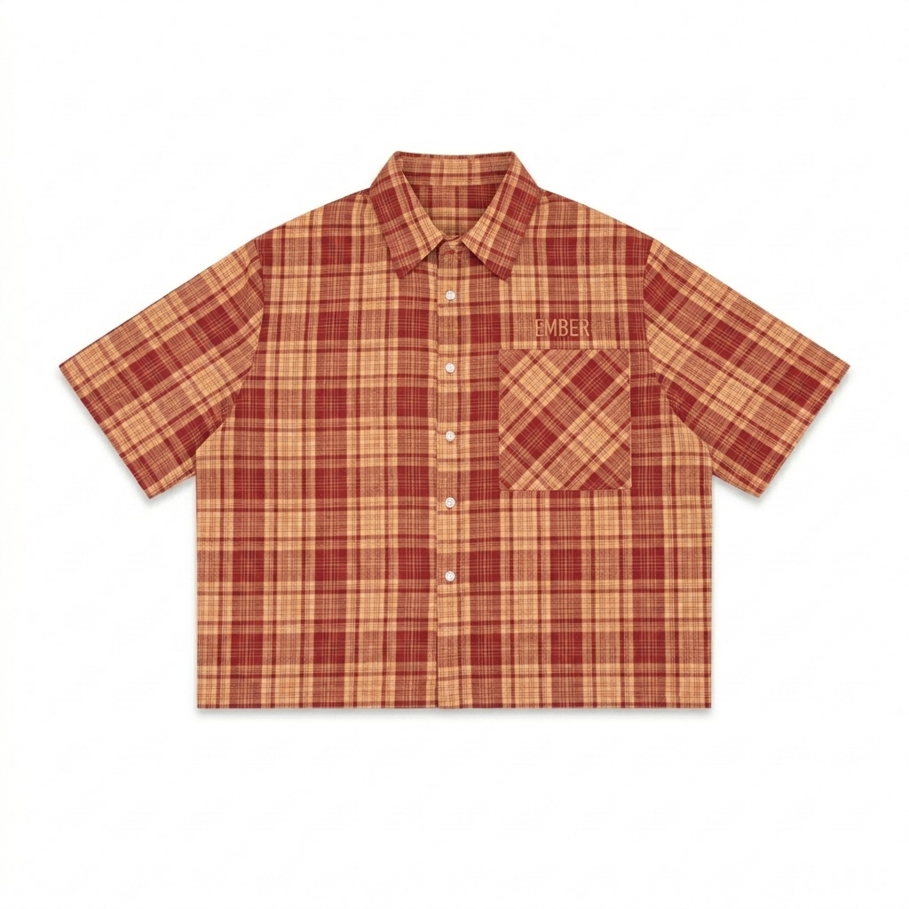 Custom Unisex Plaid Boxy Short Sleeve Shirt design direction 1: Tonal Minimalist Wordmark featuring the EMBER wordmark