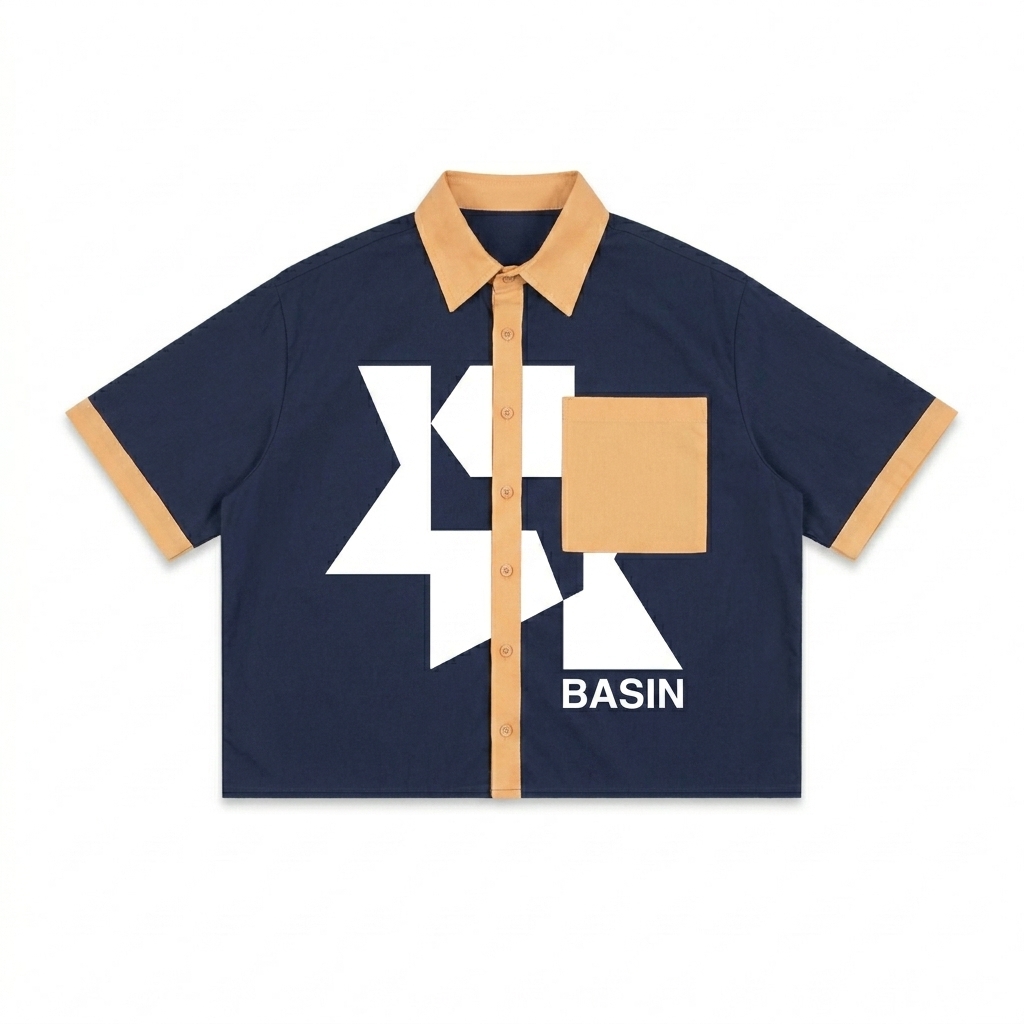 Custom Unisex Plaid Boxy Short Sleeve Shirt design direction 2: Bold Abstract Graphic featuring the BASIN wordmark