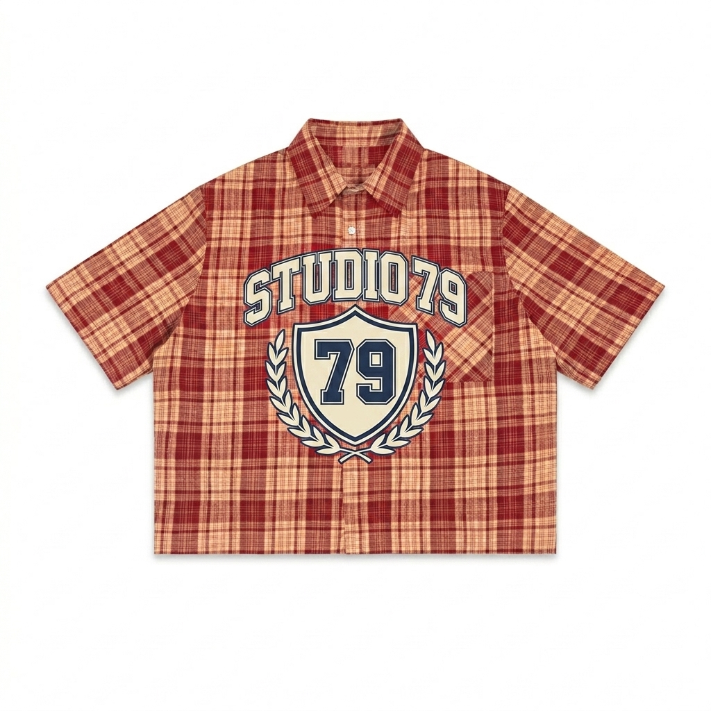 Custom Unisex Plaid Boxy Short Sleeve Shirt design direction 3: Retro Collegiate Emblem featuring the STUDIO 79 wordmark
