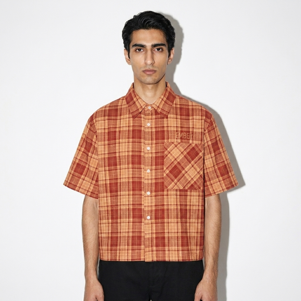 Unisex Plaid Boxy Short Sleeve Shirt worn by a slim tall Persian male fashion influencer, preppy ivy styling, studio lookbook — custom unisex plaid boxy short sleeve shirt