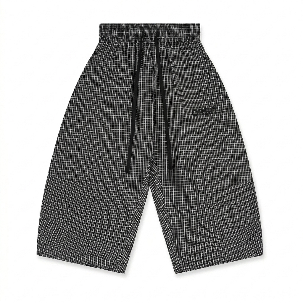 Custom Unisex Plaid Loose Capri Shorts design direction 1: Tonal Minimalist Wordmark featuring the ORBIT wordmark