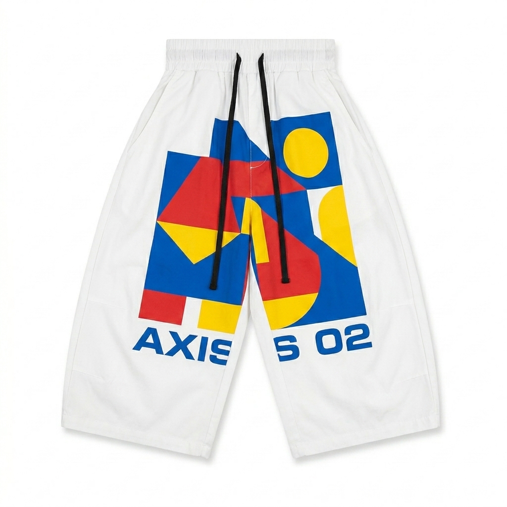 Custom Unisex Plaid Loose Capri Shorts design direction 2: Bold Abstract Graphic featuring the AXIS 02 wordmark