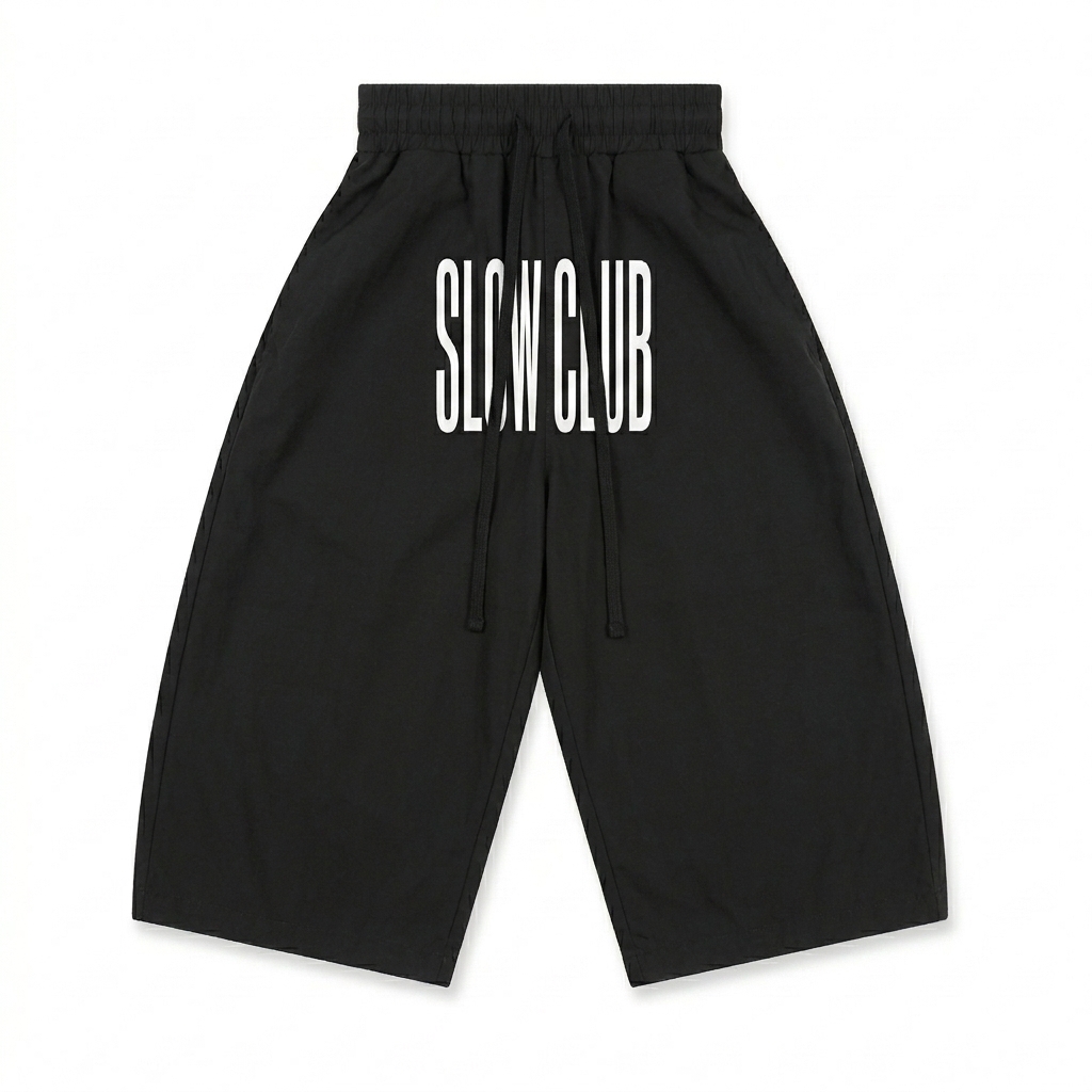Custom Unisex Plaid Loose Capri Shorts design direction 3: Typography Experiment featuring the SLOW CLUB wordmark