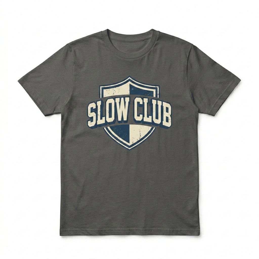 Custom Unisex Premium T-Shirt design direction 3: Retro Collegiate Emblem featuring the SLOW CLUB wordmark
