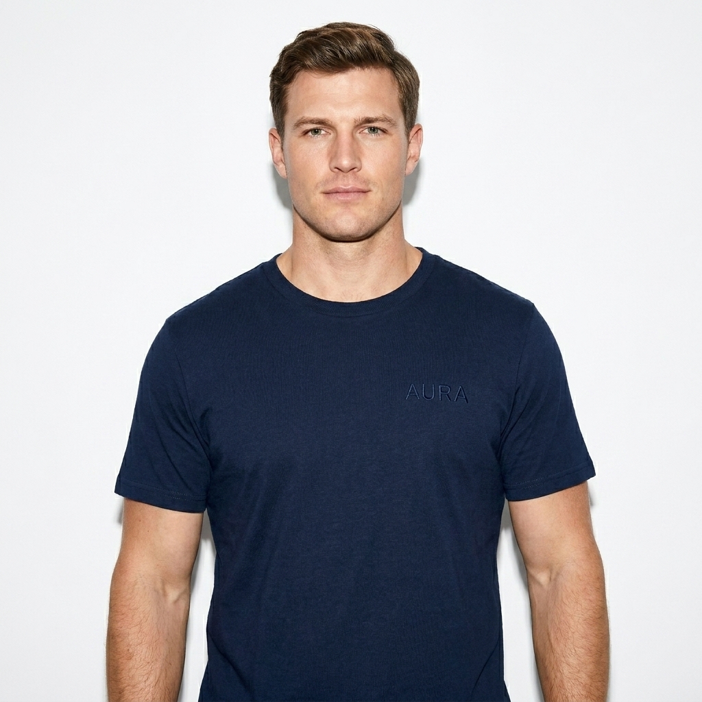 Unisex Premium T-Shirt worn by a broad-shouldered White European male fashion influencer, gorpcore outdoor styling, studio lookbook — custom unisex premium t-shirt