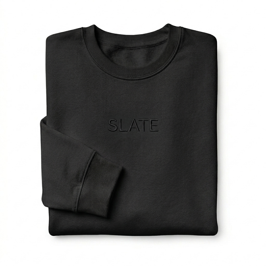 Custom Unisex Premium Crewneck Sweatshirt design direction 1: Tonal Minimalist Wordmark featuring the SLATE wordmark