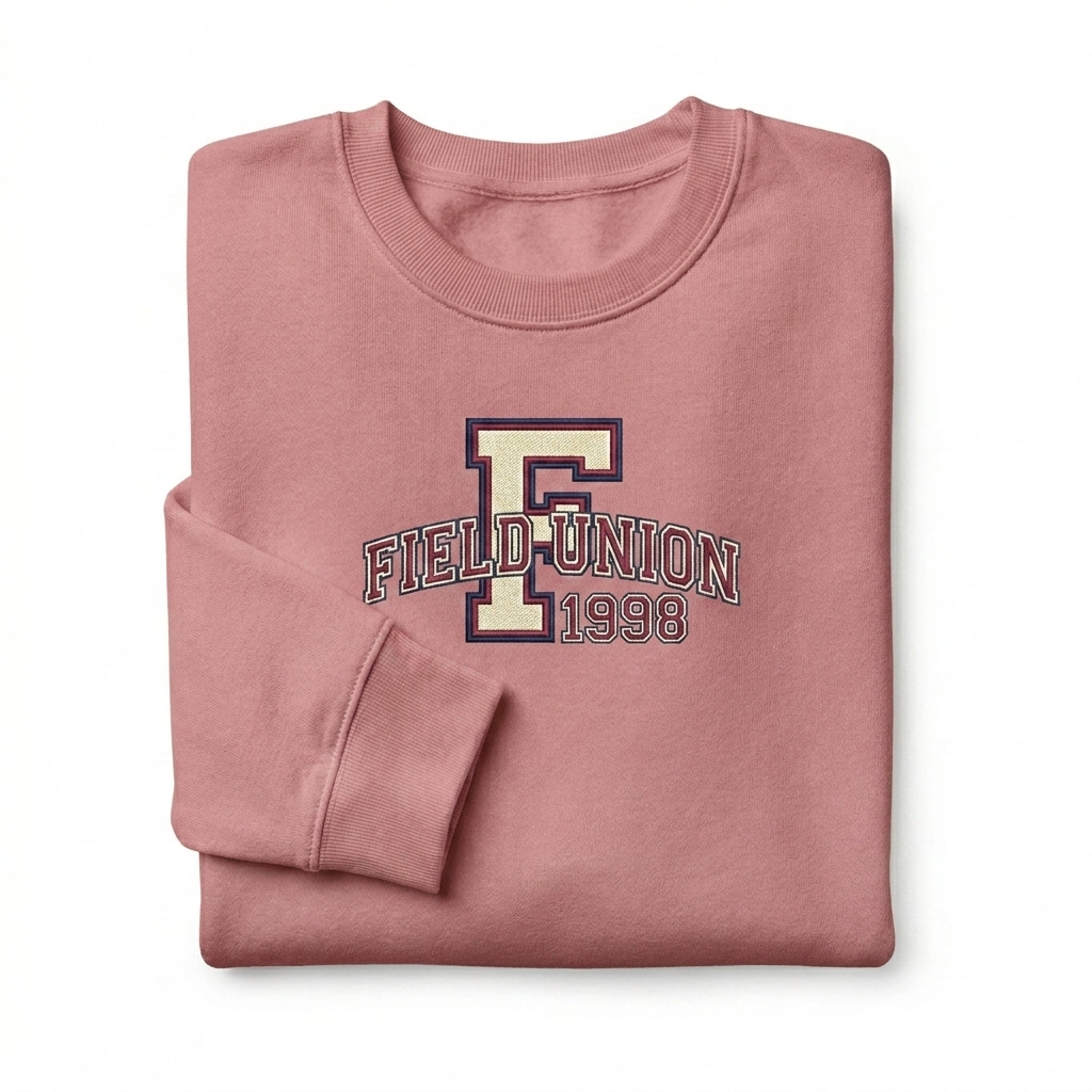 Custom Unisex Premium Crewneck Sweatshirt design direction 3: Retro Collegiate Emblem featuring the FIELD UNION wordmark