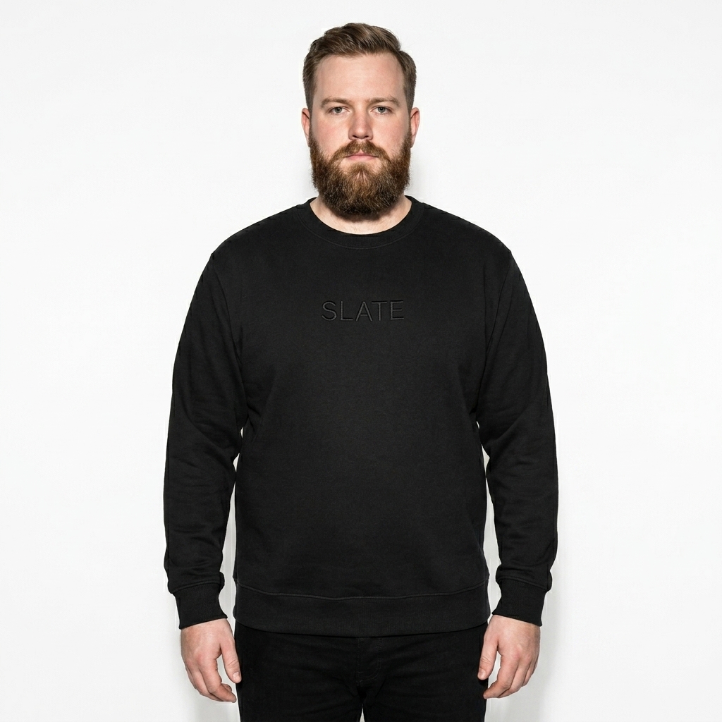 Unisex Premium Crewneck Sweatshirt worn by a curvy Scandinavian male fashion influencer, techwear modern styling, studio lookbook — custom unisex premium crewneck sweatshirt