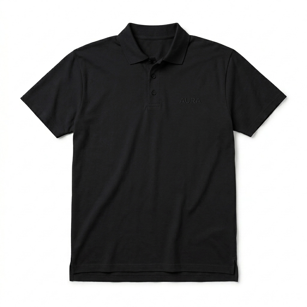 Custom Unisex Premium Pique Polo Shirt design direction 1: Subtle Embroidered Wordmark featuring the AURA wordmark