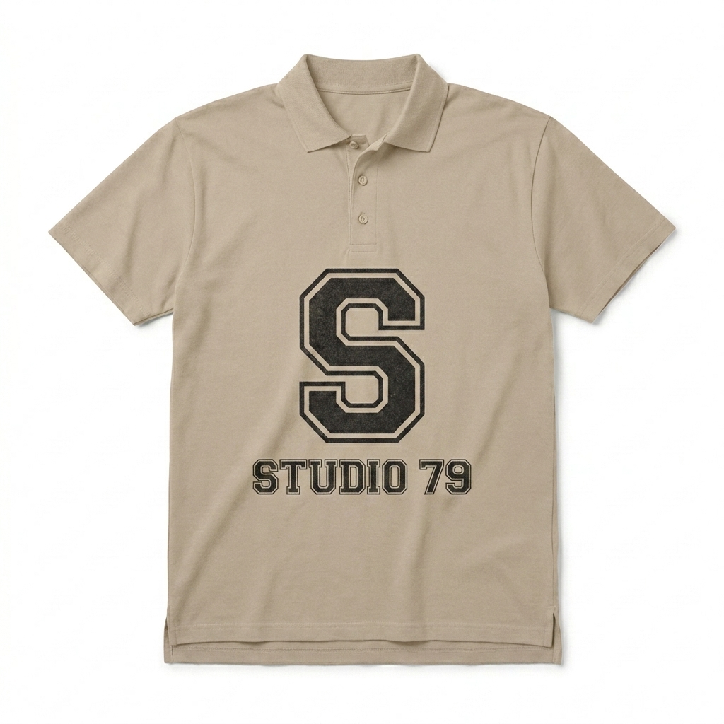 Custom Unisex Premium Pique Polo Shirt design direction 2: Varsity-Inspired Graphic featuring the STUDIO 79 wordmark