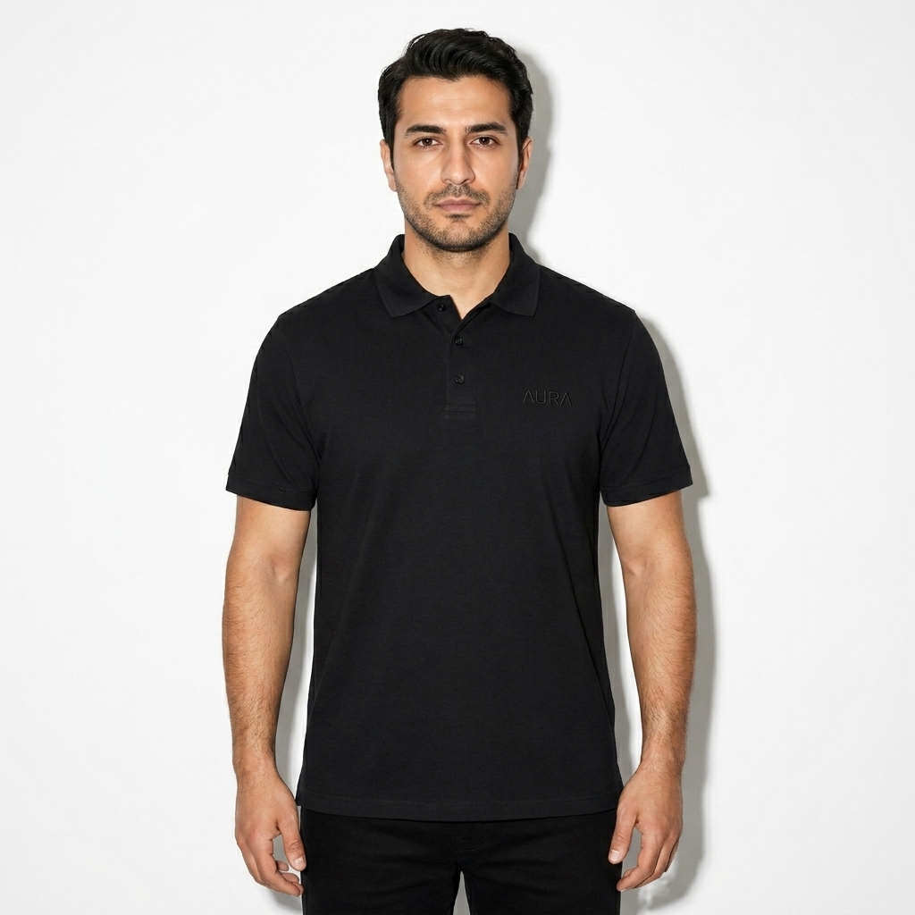 Unisex Premium Pique Polo Shirt worn by a mid-size Turkish male fashion influencer, downtown streetwear styling, studio lookbook — custom unisex premium pique polo shirt
