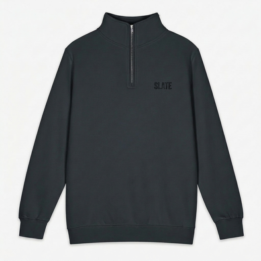 Custom Unisex Premium Quarter-Zip Sweatshirt design direction 1: Tonal Minimalist Wordmark featuring the SLATE wordmark
