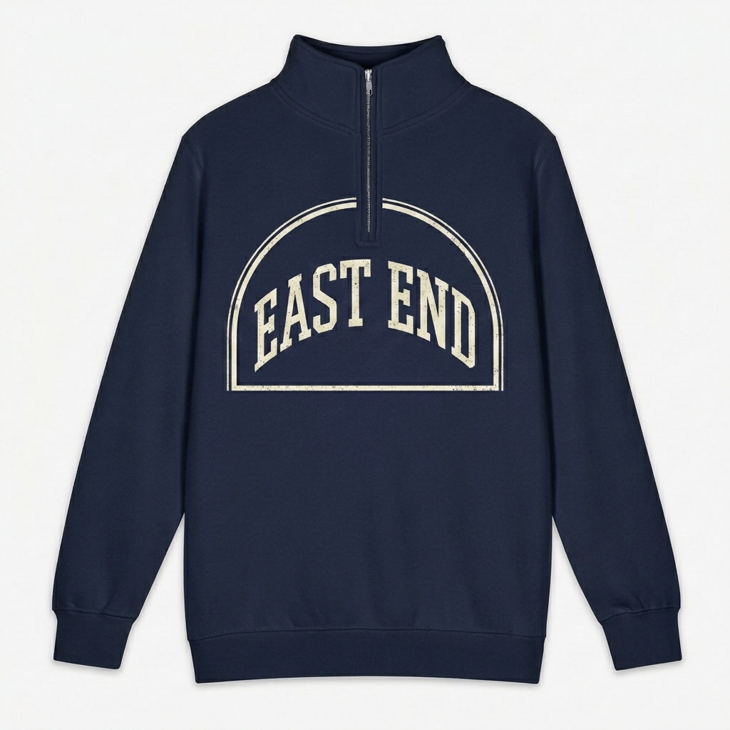 Custom Unisex Premium Quarter-Zip Sweatshirt design direction 3: Retro Collegiate Emblem featuring the EAST END wordmark
