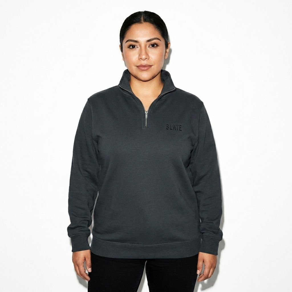 Unisex Premium Quarter-Zip Sweatshirt worn by a mid-size Mexican female fashion influencer, editorial avant-garde styling, studio lookbook — custom unisex premium quarter-zip sweatshirt