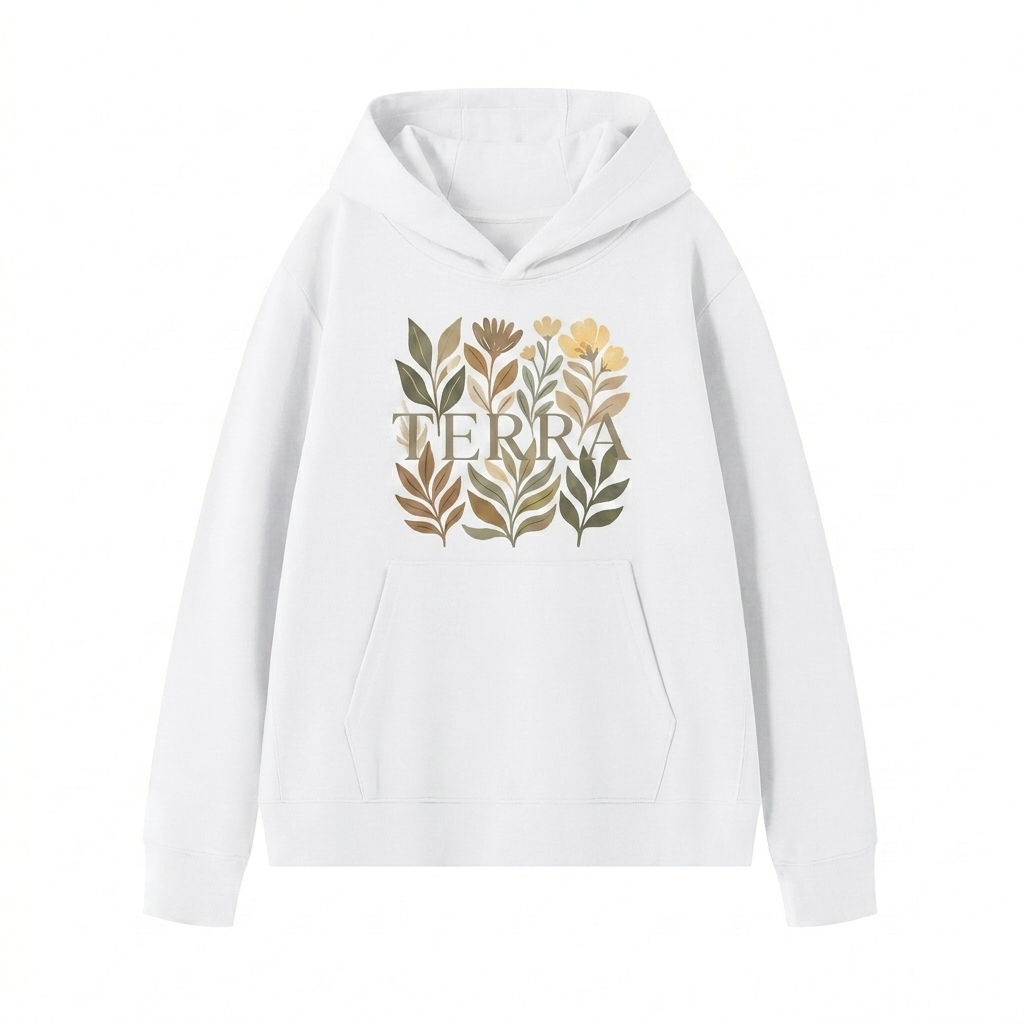 Custom Unisex Pullover Hoodie design direction 2: Abstract Botanical Graphic featuring the TERRA wordmark