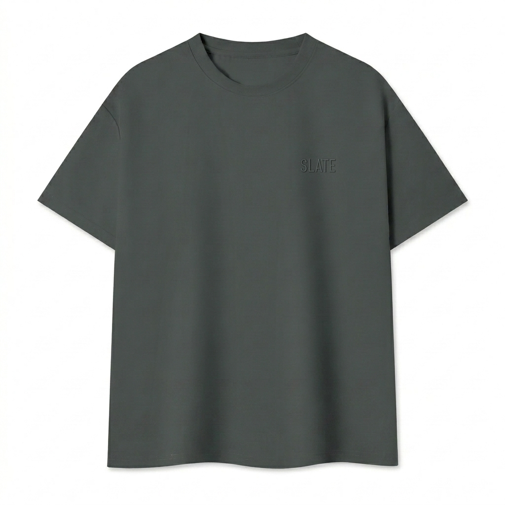 Custom Unisex Quick-Dry Boxy T-Shirt design direction 1: Tonal Minimalist Wordmark featuring the SLATE wordmark